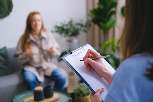 pexels-photo-7176026-7176026 Unrecognizable professional female psychologist writing on clipboard while sitting against client on blurred background during psychotherapy session in light office